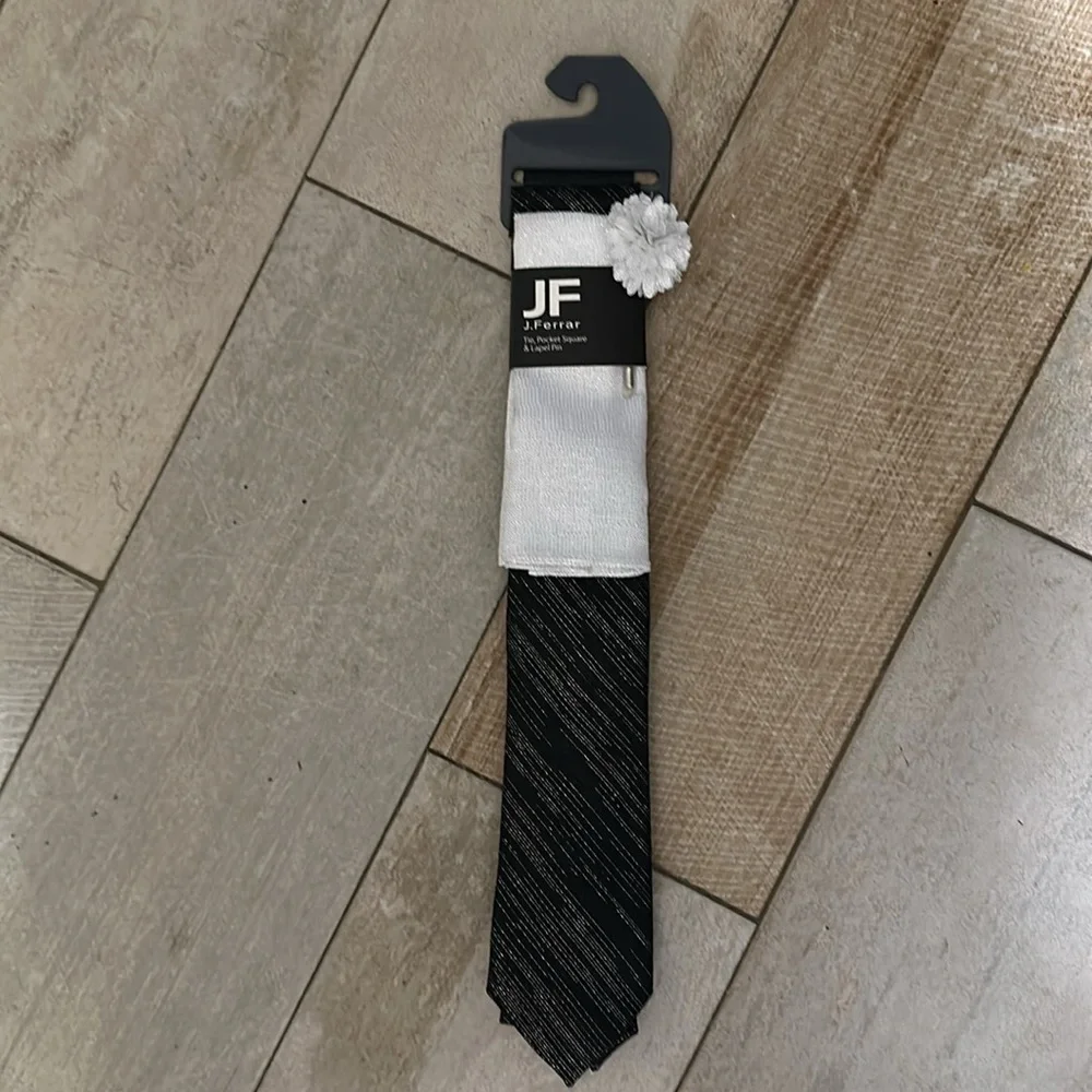 JF J. Ferrar Metallic Black, Silver and White Tie, Pocket Square and Lapel Pin